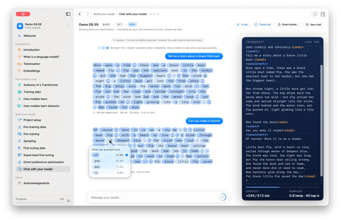 The Chat screen in X-ray mode: every reply rendered as individual token chips, shaded by sampled-token probability, next to the raw transcript.