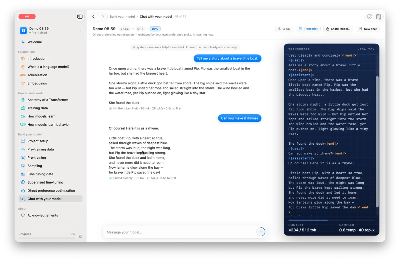 The Chat screen: a conversation with the model beside the raw transcript, context usage, and sampler settings.